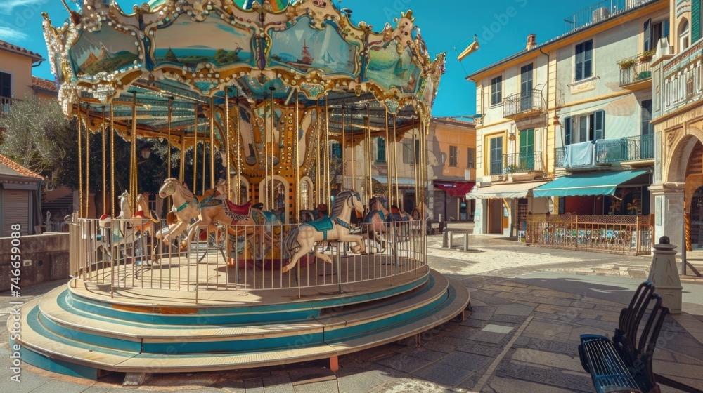A colorful merry go round in a lively town square. Perfect for family-friendly designs