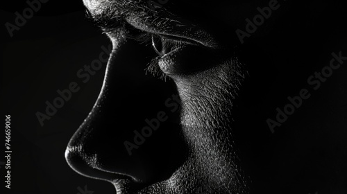Close-up photo of a man's face in monochrome. Suitable for artistic projects