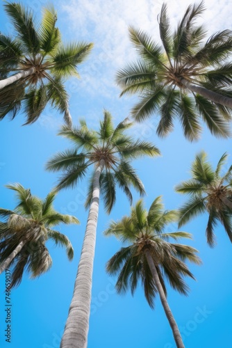 Group of palm trees with a clear blue sky background. Suitable for travel and nature concepts
