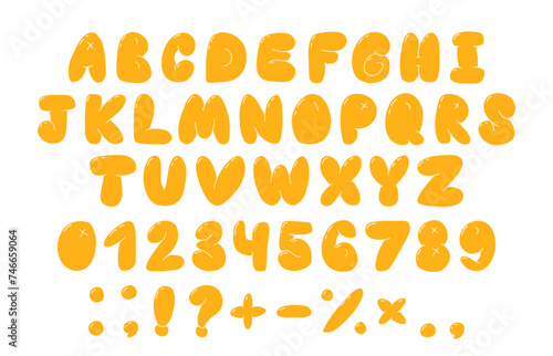 Playful yellow bubble font inspired by 90s and Y2K themes. Puffy cartoon letters perfect for trendy and fun designs. Includes uppercase letters  numbers  and symbols.