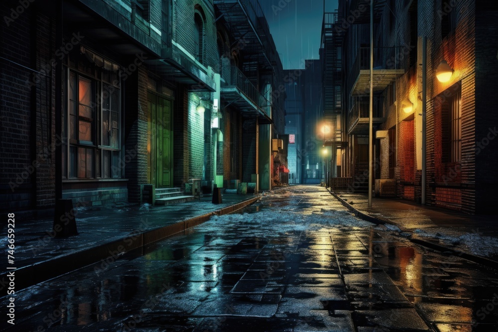 A rainy city street at night with glowing lights, suitable for urban concepts