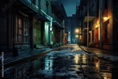 A rainy city street at night with glowing lights, suitable for urban concepts