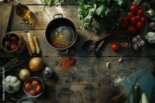 A rustic wooden table with a pot of soup and fresh vegetables. Perfect for food blogs or restaurant menus