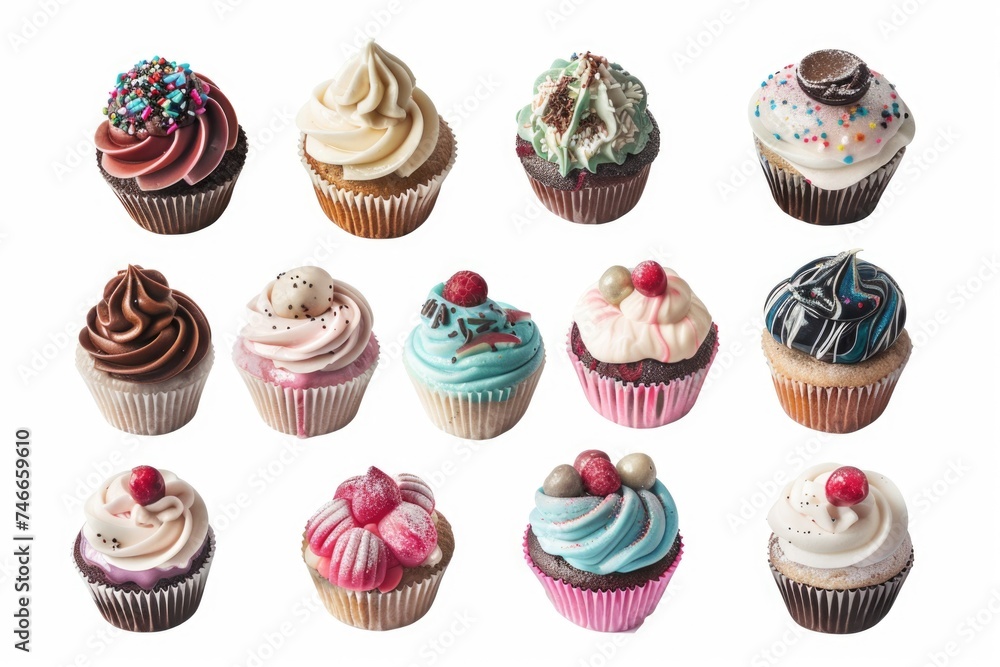 A variety of cupcakes with different toppings, perfect for bakery or celebration concepts