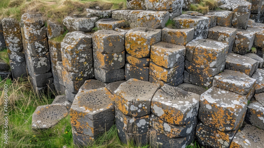 A pile of rocks covered in lichen, suitable for nature-themed designs A pile of rocks covered in lichen, suitable for nature-themed designs