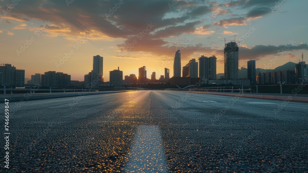 Obraz premium City skyline seen from a deserted road, ideal for urban concepts