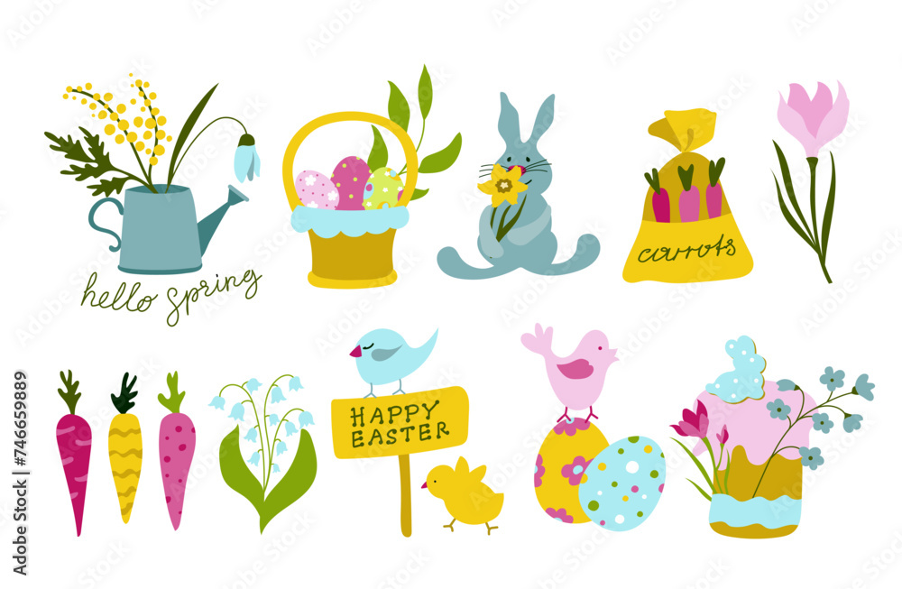 Set of Easter design elements. Eggs, chicken, rabbit, tulips, flowers, basket, tulips, carrots,narcissus,watering can and Easter cake