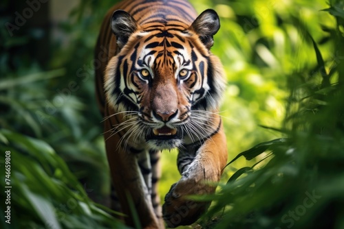 Majestic tiger walking through a lush green forest, suitable for wildlife and nature themes © Fotograf