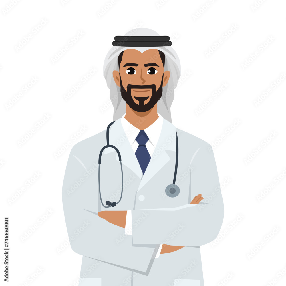 Young arab man doctor folded hands. Flat vector illustration isolated on white background