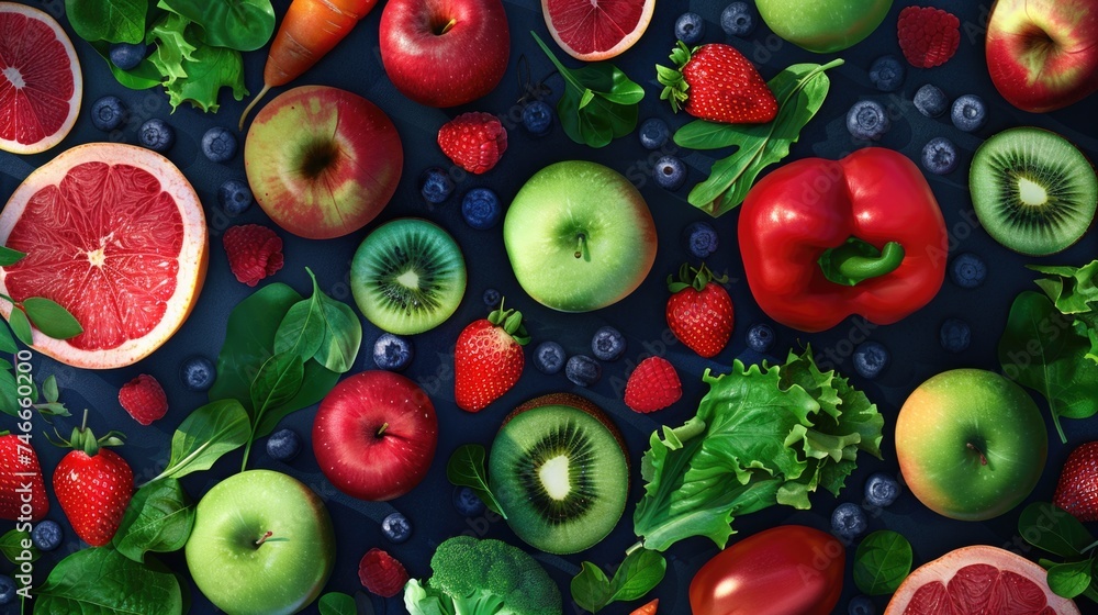 Assorted fruits and vegetables displayed on a table, suitable for healthy eating concept Assorted fruits and vegetables displayed on a table, suitable for healthy eating concept