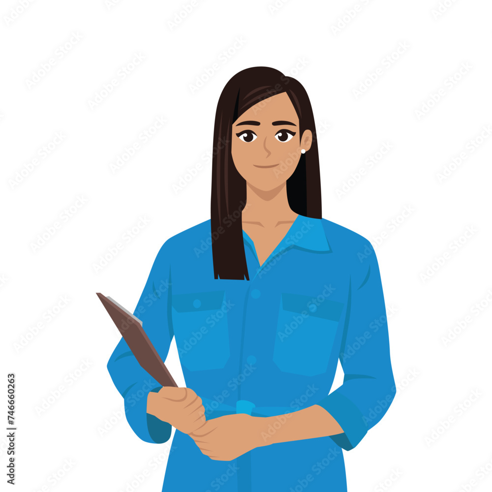Young Latin woman mechanic in blue workwear holding clipboard with document. Flat vector illustration isolated on white background Young Latin woman mechanic in blue workwear holding clipboard with document. Flat vector illustration isolated on white background