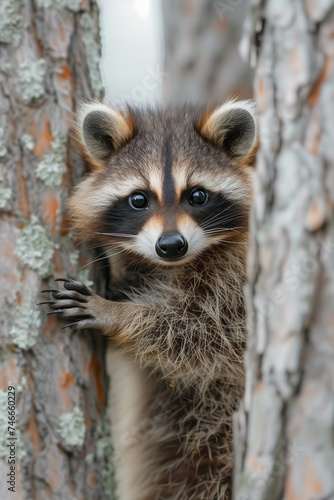 Adorable raccoon climbs a tree trunk in nature.