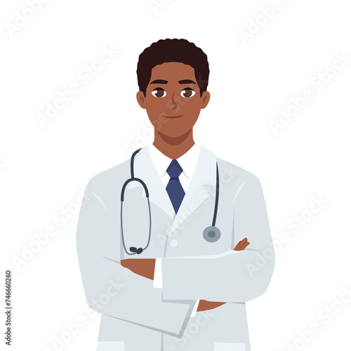 Young black man doctor folded hands. Flat vector illustration isolated on white background