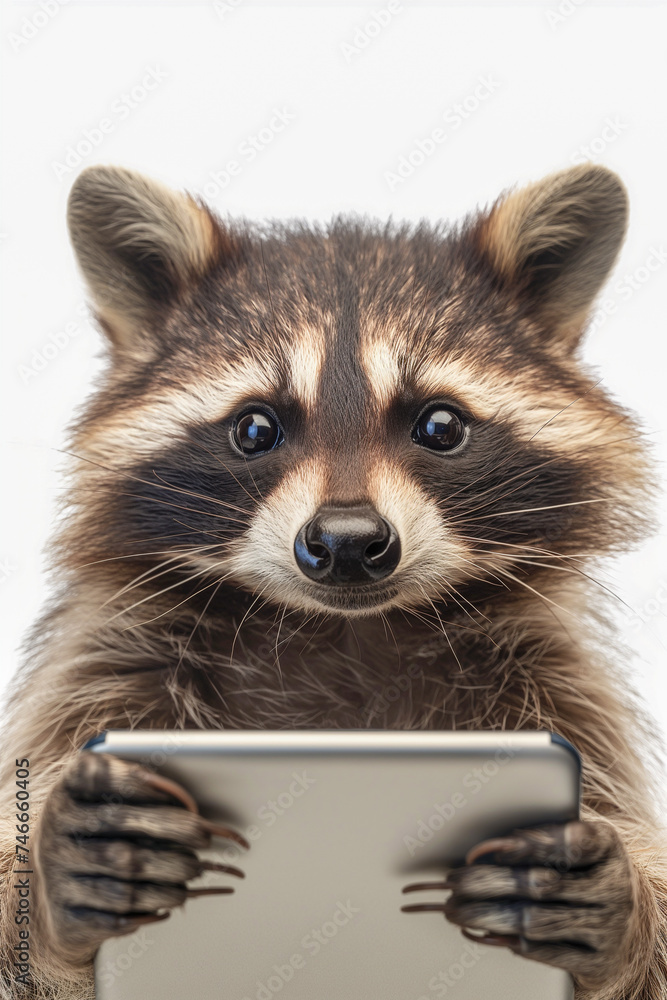 Adorable raccoon using digital tablet on white background.