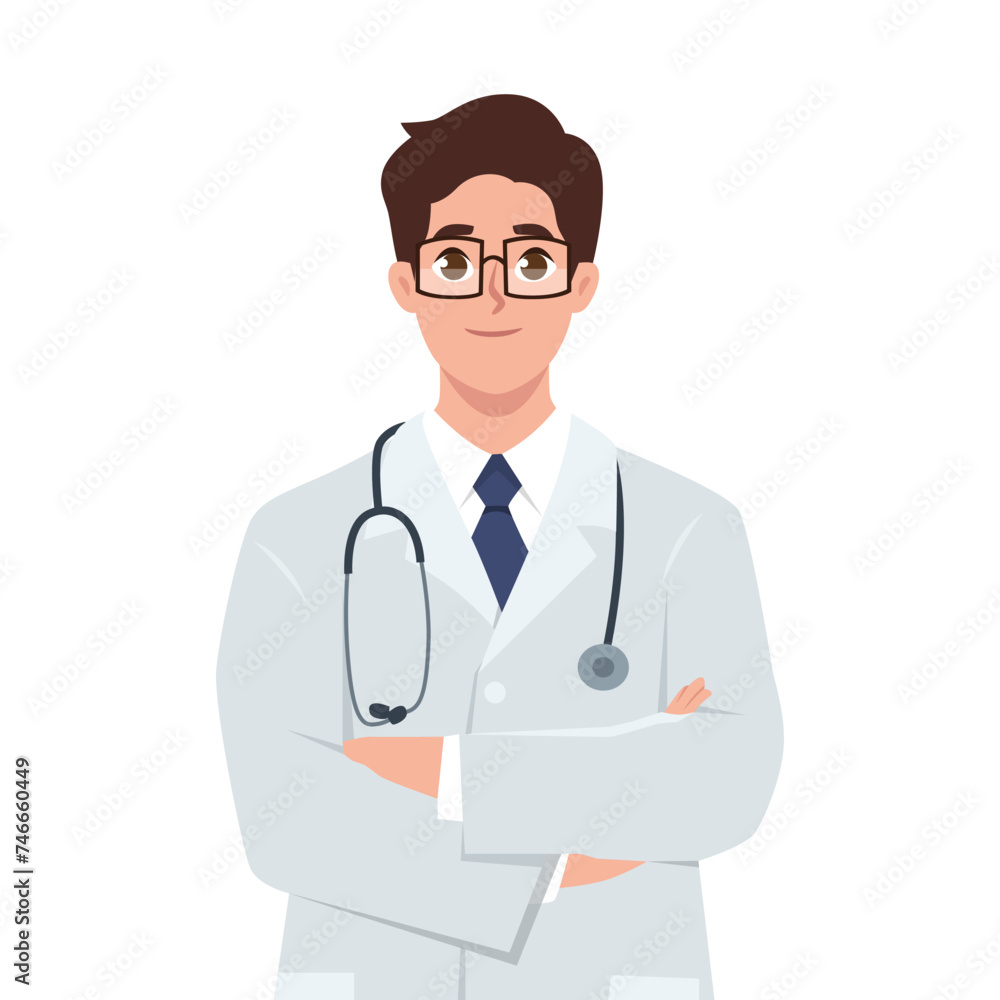 Young man doctor folded hands. Flat vector illustration isolated on white background Young man doctor folded hands. Flat vector illustration isolated on white background