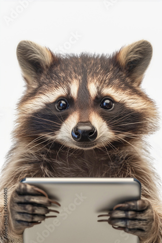 Adorable raccoon using digital tablet on white background.
