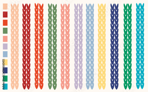 Seamless stripes, vertical knitted pattern, trendy colors spring summer 2024. Samples of knitted backgrounds for creating knitted warm clothes, knitwear, patterns. Advertising. Vector 