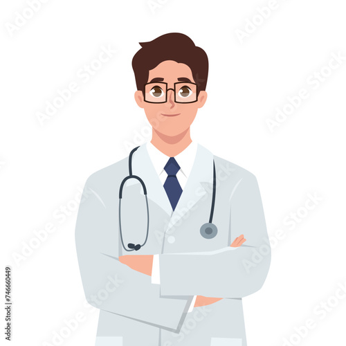 Young man doctor folded hands. Flat vector illustration isolated on white background