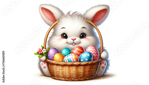 Easter celebrations. Adorable fluffy white bunny holding wicker basket filled with vibrant, decorated Easter eggs. Isolated on white background.