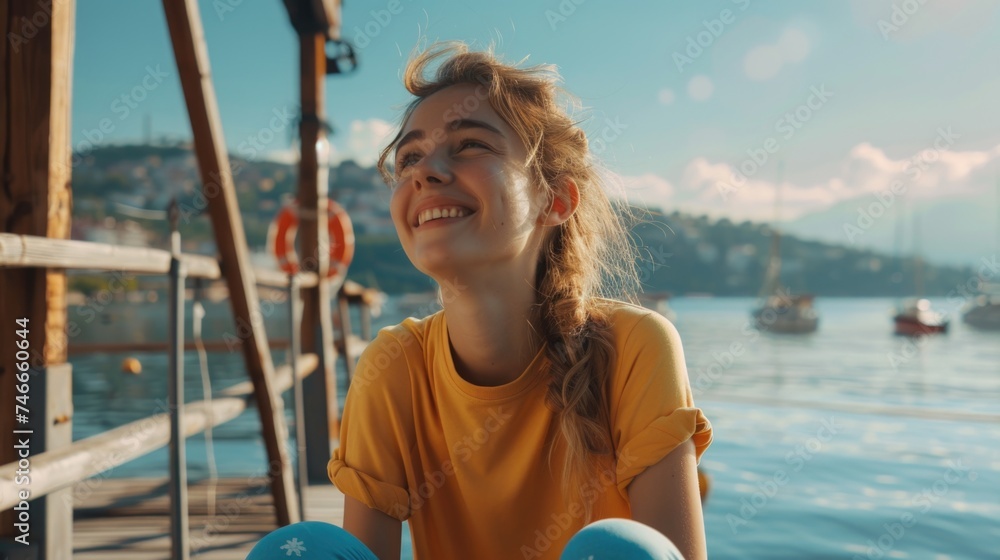 Fototapeta premium A woman sitting on a dock with a frisbee in her hand. Suitable for outdoor recreation concepts