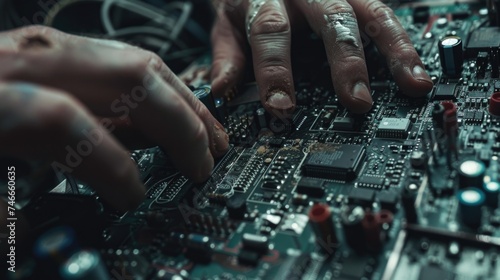 Close up of hands working on a computer motherboard. Ideal for technology and electronics concepts
