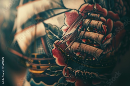 Detailed close up of a ship tattoo design, suitable for tattoo enthusiasts or nautical themes