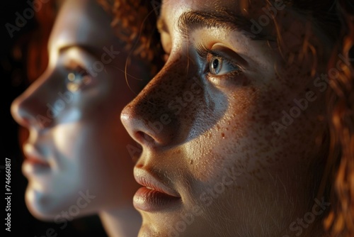 Close up shot of two women with freckles on their faces, suitable for beauty and skincare concepts