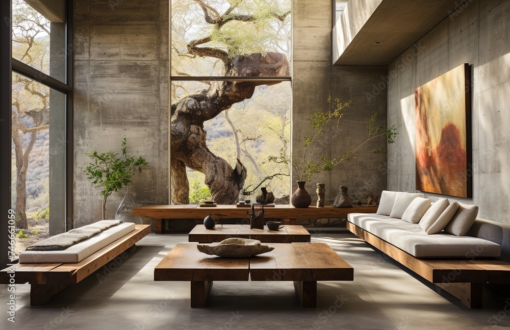 a room with bench at an outdoor patio, symmetrical balance, secluded settings