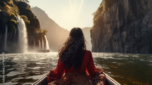 A woman sitting in a boat in front of a waterfall. Suitable for travel and nature concepts