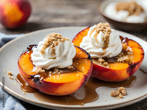 Grilled honey glazed peach halves, topped with whipped cream and brown sugar.