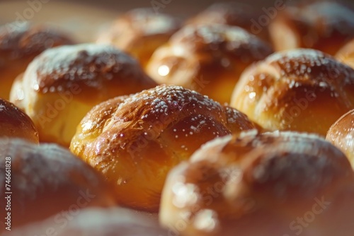 Close up of a tray of pastries with powdered sugar, perfect for bakery or dessert concepts