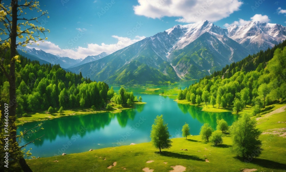 pretty mountain view with trees and lake in spring season. Creative dynamic composition varies the angle. macro natural photography, taken by an expensive, very high-tech camera. 