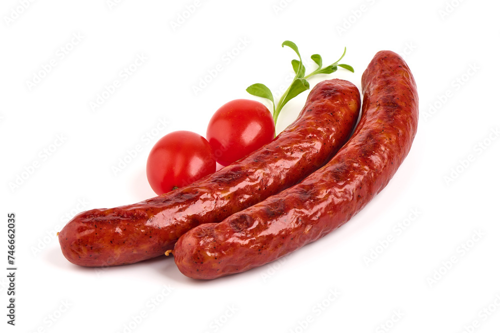 Barbecued sausages, fried sausages bbq, isolated on white background Barbecued sausages, fried sausages bbq, isolated on white background