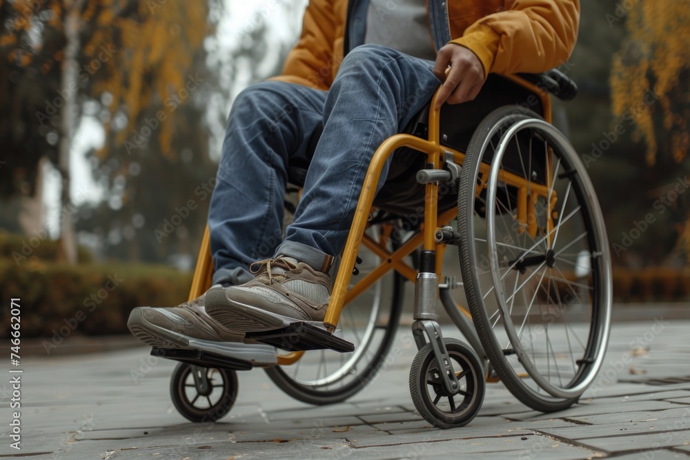 Obraz premium A person in a wheelchair on a sidewalk, suitable for disability awareness campaigns