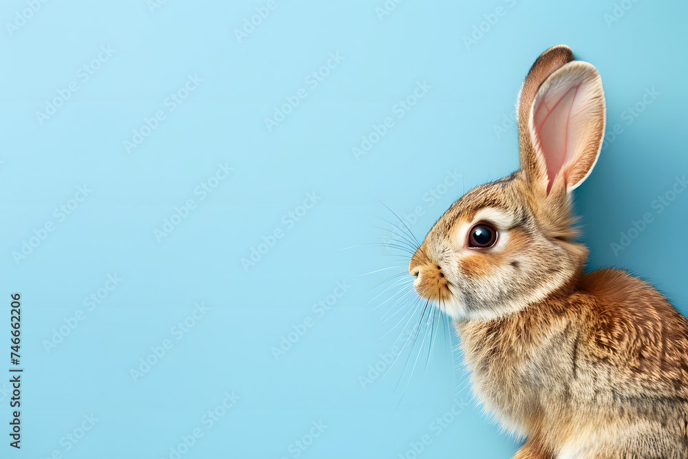 Fototapeta premium Cute rabbit on blue background.