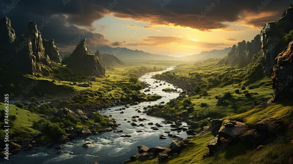 a scenic icelandic valley in the sunlight at sunset, in the style of tropical symbolism, eye-catching, award-winning, glorious - obrazy, fototapety, plakaty 