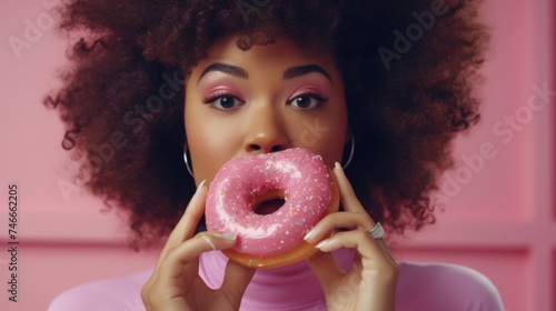 Woman holding a donut in front of her face. Suitable for food and lifestyle concepts