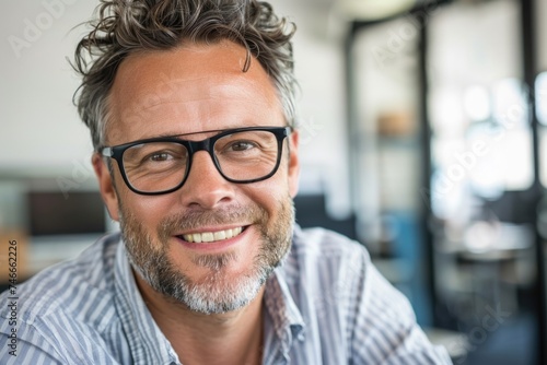 A man with glasses smiling at the camera. Suitable for business and lifestyle concepts © Fotograf