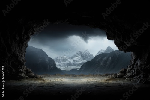 A dark cave with a mountain in the background. Perfect for nature and adventure concepts