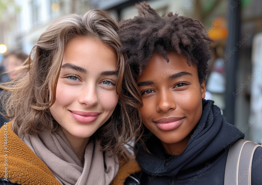 Self portrait of two beautiful diverse young women in city on autumn. Self portrait of two beautiful diverse young women in city on autumn.