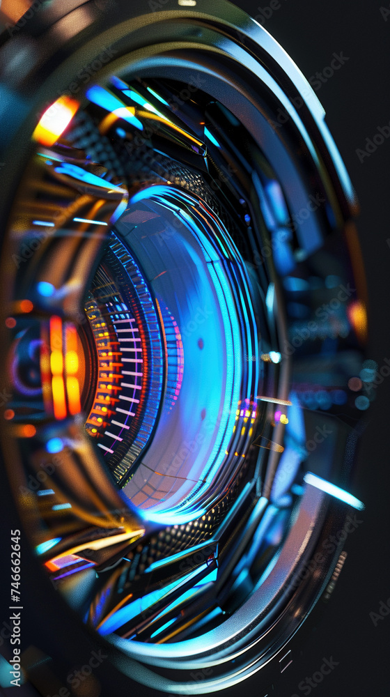 Futuristic Camera Lens Close-up with Vibrant Neon Lights