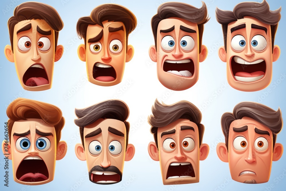 Collection of various cartoon faces with different expressions, ideal for emoticons or character design