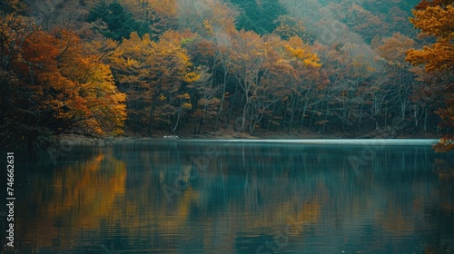 Tranquil body of water surrounded by autumn trees. Ideal for nature and seasonal concepts