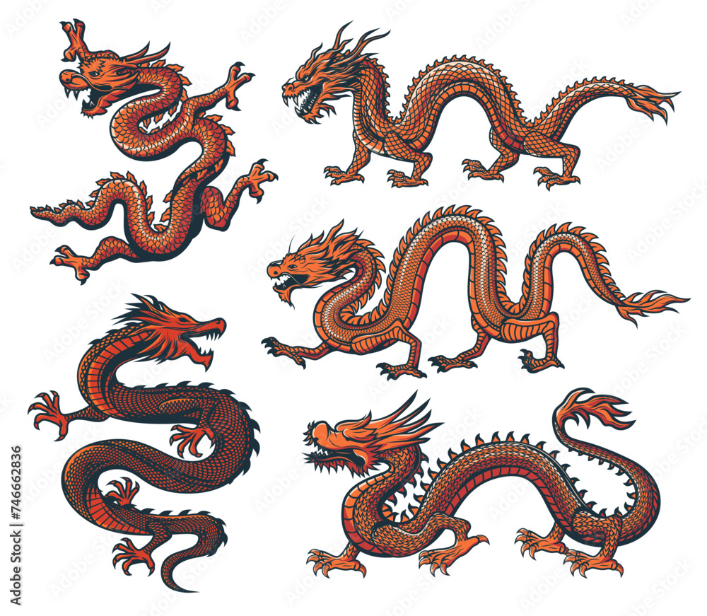Fototapeta premium Asian dragon, China zodiac or Chinese and Japanese oriental culture monster, vector animal. Asian dragons for Chinese lunar new year festival and prosperity symbol or tattoo of oriental flaying dragon