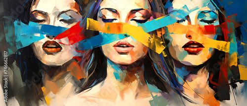 Vibrant art painting of three women with closed eyes