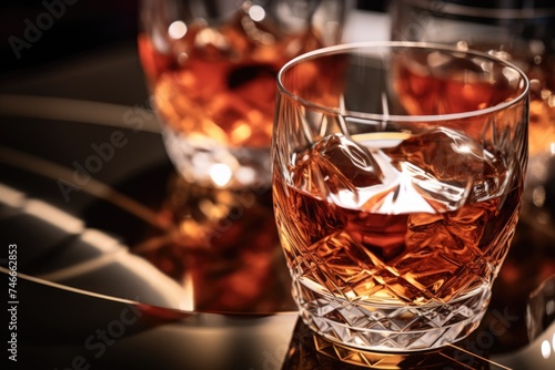 A close up of a glass of alcohol on a table. Suitable for bar or restaurant promotions