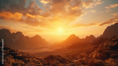 A beautiful sunset over a majestic mountain range. Perfect for travel or nature concepts