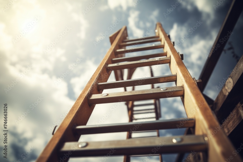 A wooden ladder extending into the sky, suitable for concepts of growth and success - obrazy, fototapety, plakaty 