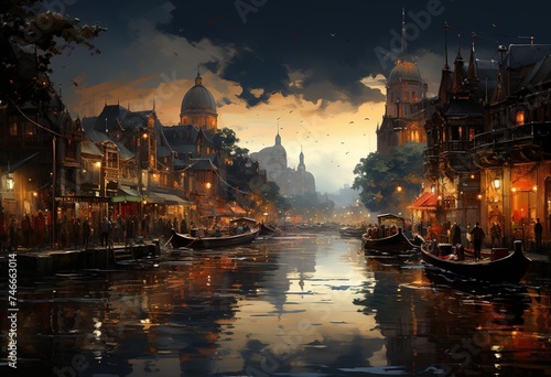 a scenic view shows a canal with people on boats and stores, in the style of the stars art, impressive panoramas, lively storytelling, regionalism, golden light, travel