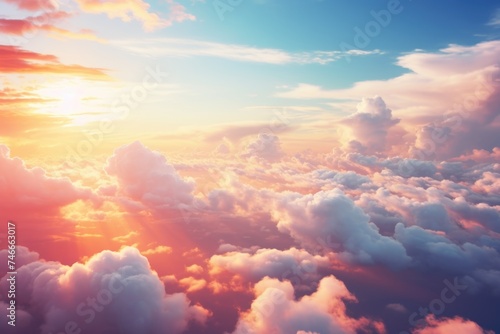 A stunning view of the sun setting above the clouds. Perfect for travel and nature concepts